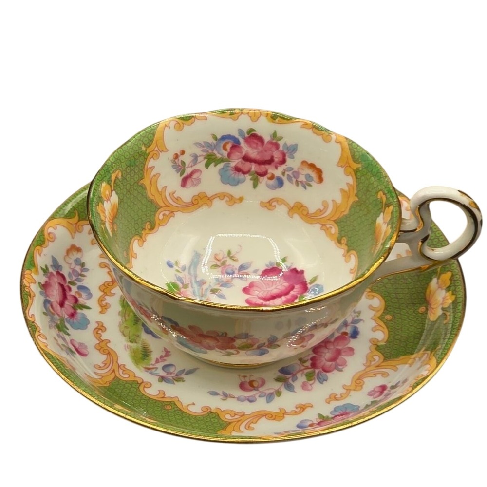 ABJ Grafton China Canton Teacup and Saucer Set Green Floral Gold England